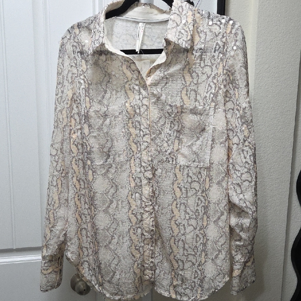 FREE PEOPLE Snakeskin Print Button-Up Shirt